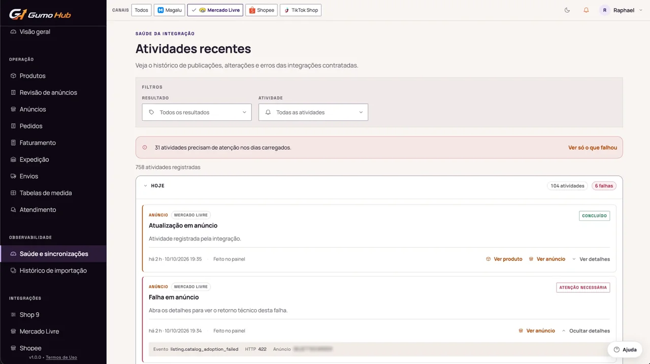 Ecrã de atividades recentes do Gumo Hub com o histórico auditável de publicações, alterações e falhas das integrações